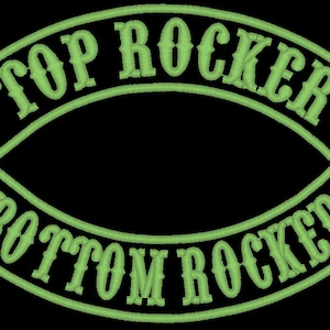 May include: Two black and green embroidered patches with curved edges. The top patch reads "TOP ROCKER" and the bottom patch reads "BOTTOM ROCKER".