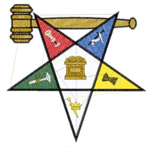 May include: A five-pointed star with a gavel at the top and symbols in each point. The symbols are a plumb, a trowel, a book, a  bow tie, and a crown. The star is outlined in black and the symbols are in different colors.