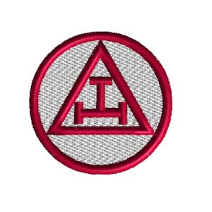 May include: A red embroidered patch with a white background. The patch features a red triangle with a red letter 'T' and two red horizontal lines inside the triangle. The triangle is surrounded by a red circle.