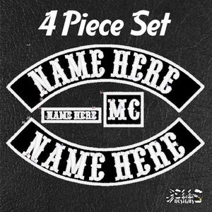 May include: A four-piece set of black and white patches with the text "NAME HERE" and "MC". The patches are designed for motorcycle clubs and feature a curved top and bottom patch, a rectangular patch, and a square patch.