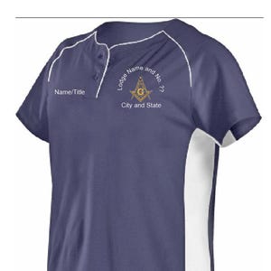 May include: Navy blue short-sleeve shirt with white accents and a button-up collar. Features the text "Lodge Name and No. 22" and "City and State" with a Masonic emblem. The shirt has a white panel on the side and white trim.