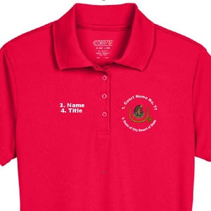 May include: Red polo shirt with white embroidered text that reads "3. Name 4. Title" and "4. Court Name No. 77 2. Queen of City Desert of Stars".