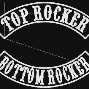 May include: Black background with two white embroidered patches. The top patch reads "TOP ROCKER" in a stylized font. The bottom patch reads "BOTTOM ROCKER" in a similar font. The patches are curved and outlined in white.