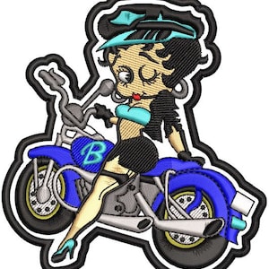 May include: A cartoon woman with black hair and a blue hat rides a blue motorcycle. The motorcycle has a silver exhaust pipe and a blue seat. The woman is wearing a black dress and blue shoes.