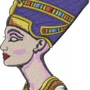 May include: A profile portrait of an Egyptian queen wearing a blue and gold headdress with a gold necklace. The queen has a pink face and red lips.
