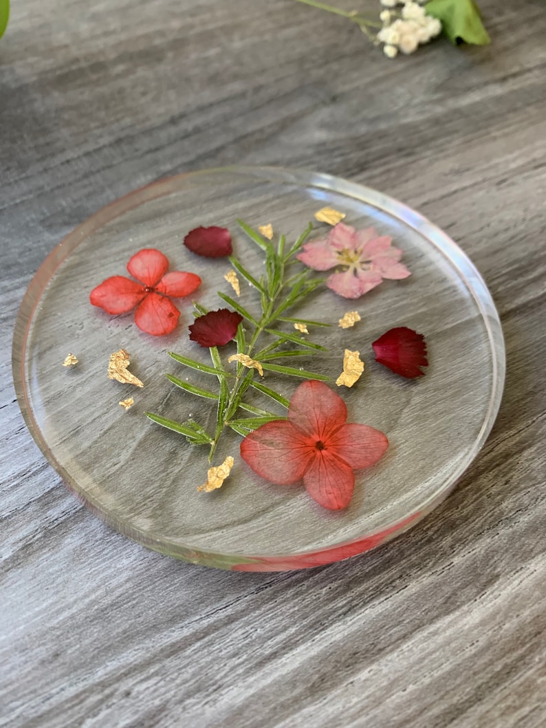 Handmade Real Dried Flower Resin Coaster Pink and Red with Etsy