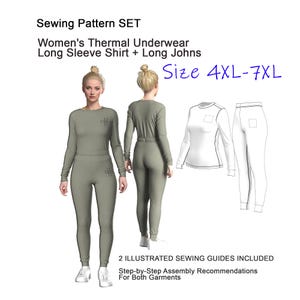 Cartamodello per intimo termico da donna, composto da maglia a maniche lunghe e pantaloni lunghi (PDF), taglie 4XL-7XL.