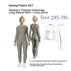 Patrón de costura en PDF para ropa interior térmica femenina, conjunto de camiseta de manga larga y calzoncillos largos, capa base, tallas 2XS-7XL
