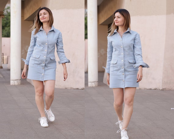 denim dress sewing pattern 70s Denim Mini Shirt Dress Sewing Pattern (PDF)