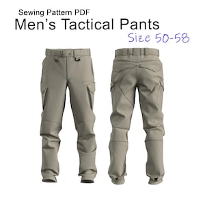 以下が含まれることがあります： 前面と背面から見たタクティカルパンツのデジタル縫製パターン。パンツは薄いタン色で、複数のポケットと補強された膝が付いています。画像には「Sewing Pattern PDF」と「Men's Tactical Pants Size 50-58」と書かれています。