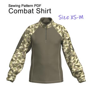 May include: Olive green combat shirt with camouflage sleeves. The shirt has a high collar and a quarter-zip closure. The text "Sewing Pattern PDF Combat Shirt" is at the top, with "Size XS-M" in blue text on the right.