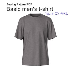 Op de afbeelding: Een grijs t-shirt met korte mouwen. De tekst "Sewing Pattern PDF" en "Basic men's t-shirt" staat bovenaan. De maatvoering is XS-5XL.