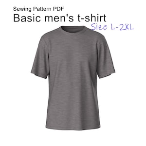 May include: A gray, short-sleeved t-shirt. The shirt has a crew neck and is a solid color. Text on the image reads "Sewing Pattern PDF" and "Basic men's t-shirt" with size range "L-2XL".