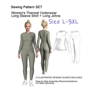 Patrón de costura en PDF para ropa interior térmica femenina, conjunto de camiseta de manga larga y calzoncillos largos, capa base, tallas L-3XL.