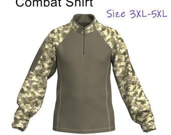Cartamodello per camicia da combattimento in formato PDF, manica lunga, stile militare, da uomo, taglie dalla 3XL alla 5XL