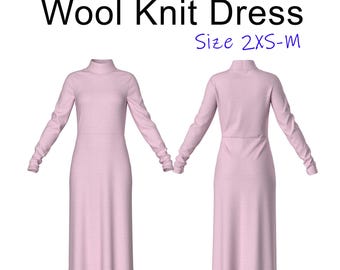 Modello di cucito per abito dolcevita in maglia di lana: lunghezza midi (PDF) 2XS-M