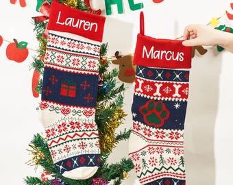 2025 Personalized Christmas Stockings with Name, Embroidered Knitted Family Xmas Stocking, Holiday Decor Christmas Gift for Kids & Adults