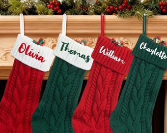 Embroidered Christmas Stocking 2025, Personalized Knitted Family Stockings, Red Xmas Stockings with Name, Monogram Stocking, Holiday Decor