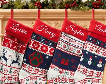 Personalized Knit Christmas Stocking, Custom Embroidered Family Name, Monogram Stocking, Xmas Stockings with Name, Holiday Decor