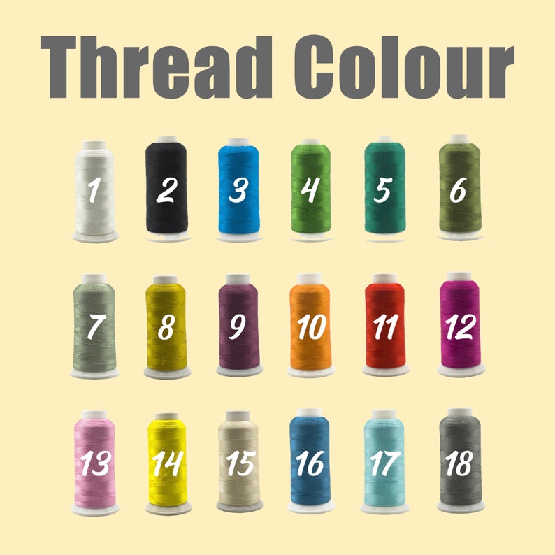 May include: A set of 18 spools of thread in various colors, numbered 1 through 18. The spools are arranged in three rows of six.