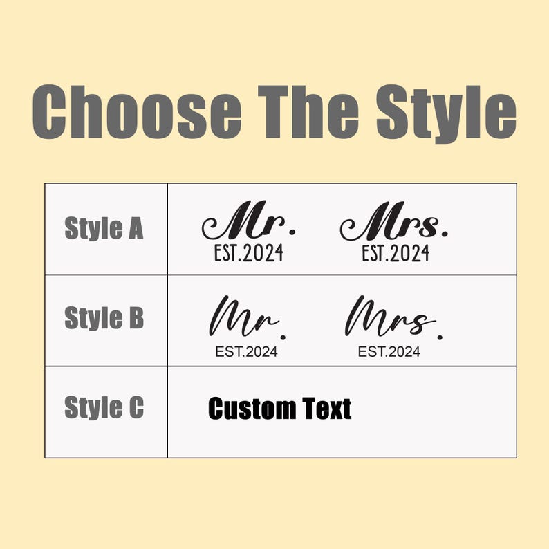 May include: A graphic showing three different styles for a wedding sign. Style A features the text "Mr. EST.2024" and "Mrs. EST.2024" in a cursive font. Style B features the text "Mr. EST.2024" and "Mrs. EST.2024" in a more simple font. Style C features the text "Custom Text".