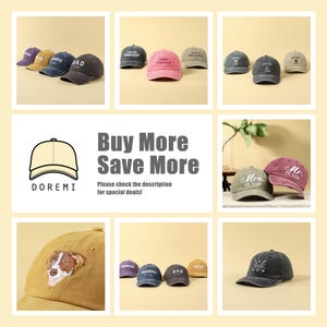 May include: A collection of customizable baseball caps with various embroidered designs, including "Bad", "Grandpa", "Dad", "Mrs. Est. 2024", "Mr. Est. 2024", "Grandma", "Mom", and a dog silhouette. The caps are available in a variety of colors, including black, brown, pink, beige, and gray. The text "Buy More Save More" is displayed in the center of the image.