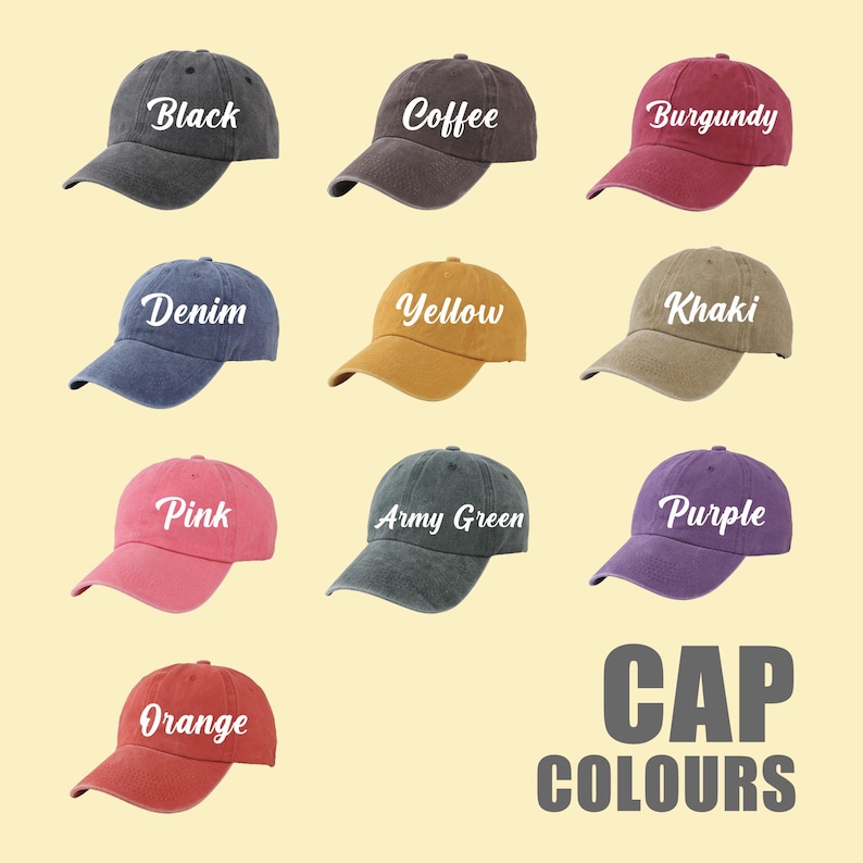 K&ouml;nnte beinhalten: Eine Sammlung von 10 leeren Baseballkappen in verschiedenen Farben, darunter Schwarz, Kaffee, Burgunder, Denim, Gelb, Khaki, Pink, Armeegr&uuml;n, Lila und Orange. Die Kappen sind in drei Reihen angeordnet, wobei der Text "CAP COLOURS" unter der untersten Reihe angezeigt wird.