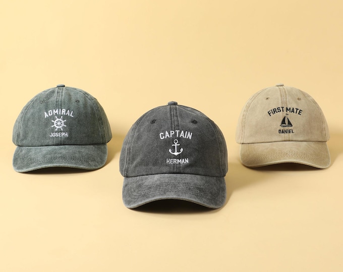 Captain First Mate Custom Hat | Unisex Personalized Embroidery Baseball Cap | Anchor Compass Sailing Boat Cap