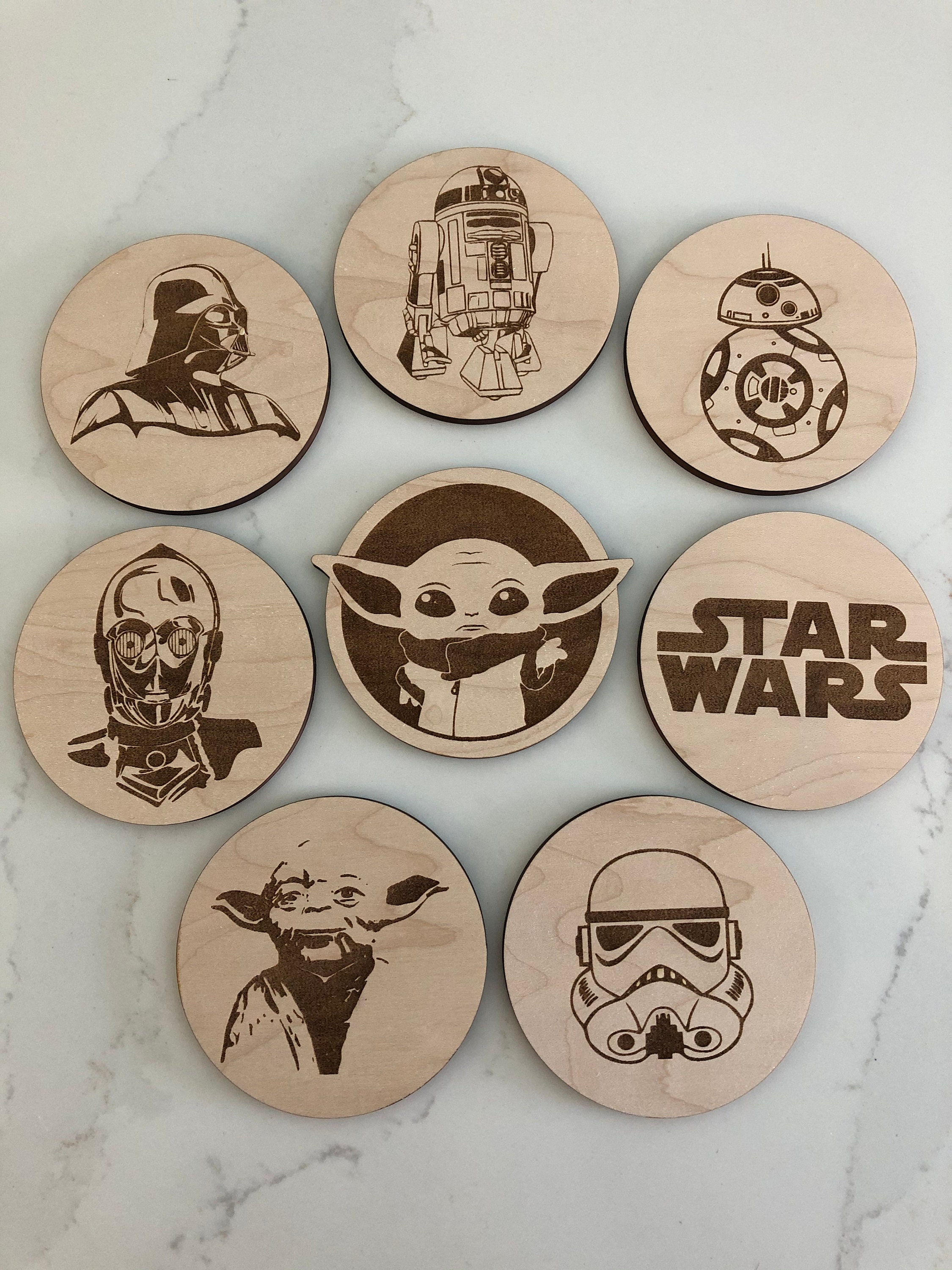 Coasters Star Wars Storm Trooper, Yoda, Baby Yoda, Logo,r2-d2