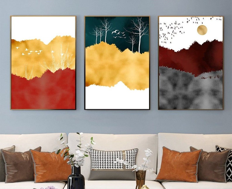 Set of 3 Gold Mountain Abstract shops Art Canvas Print Frames - Nice Canvas Wall Decoration - Livingroom Office Dining Room Foyer Father Day Gift