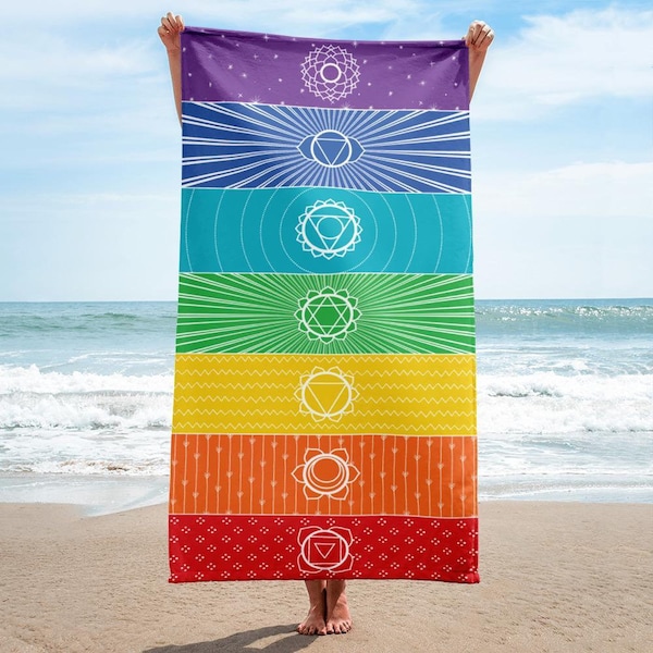 Chakra Cotton Beach Towel, 7 Chakras Yoga & Meditation Blanket, Yoga Meditation Mat Cover, Beach Cover-Up, Bathroom Towel, Spiritual Gifts