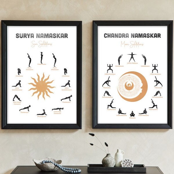 Sun & Moon Salutation Yoga Posters, Chandra Namaskar, Yoga Poses Print, Yoga Lover Gift, Yogi Printable, Yoga Routine Chart, Yoga Wall Decor
