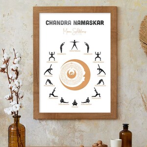 May include: A framed poster with the title "Chandra Namaskar Moon Salutations" and a circular diagram showing 12 yoga poses with their names in black text.