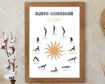 Sun Salutation Yoga Poster, Surya Namaskar, Yoga Poses Print, Yoga Lover Gift, Yogi Printable, Yoga Routine Exercise Print, Yoga Wall Decor
