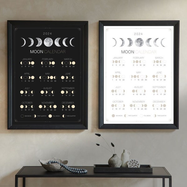 2024 Moon Calendar Poster, Lunar Calendar 2024, Moon Phase Wall Art, Moon Print, Moon Phases Chart, Lunar Phases 2024, Lunar Print