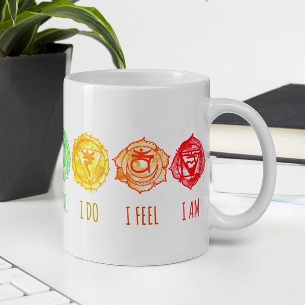 7 Chakra Afirmaciones Taza / Chakras Taza de Café / 11oz Meditación Acuarela Taza / Taza Hecha a Mano