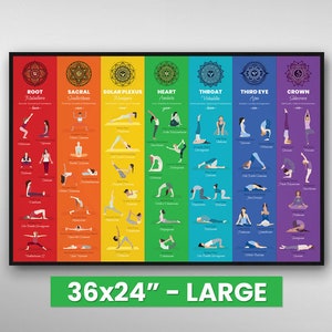 Yoga Poses Poster | Large - 36x24&quot; | 7 Chakras Yoga Print | Yoga Art Wall Hanging | Chakra Yoga Asanas Spiritual Decor | Yoga Yogi Gifts