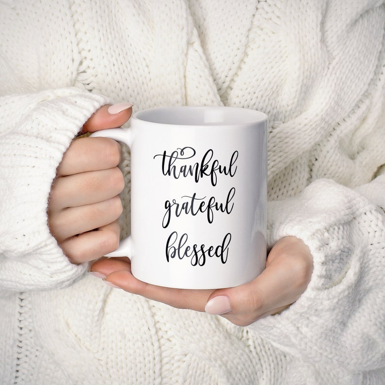 Tacksam, tacksam, välsignad, mugg, andlig mugg, inspirerande kaffemugg, meditationspresent, yogapresent, vit keramikmugg, handgjorda muggar bild 1