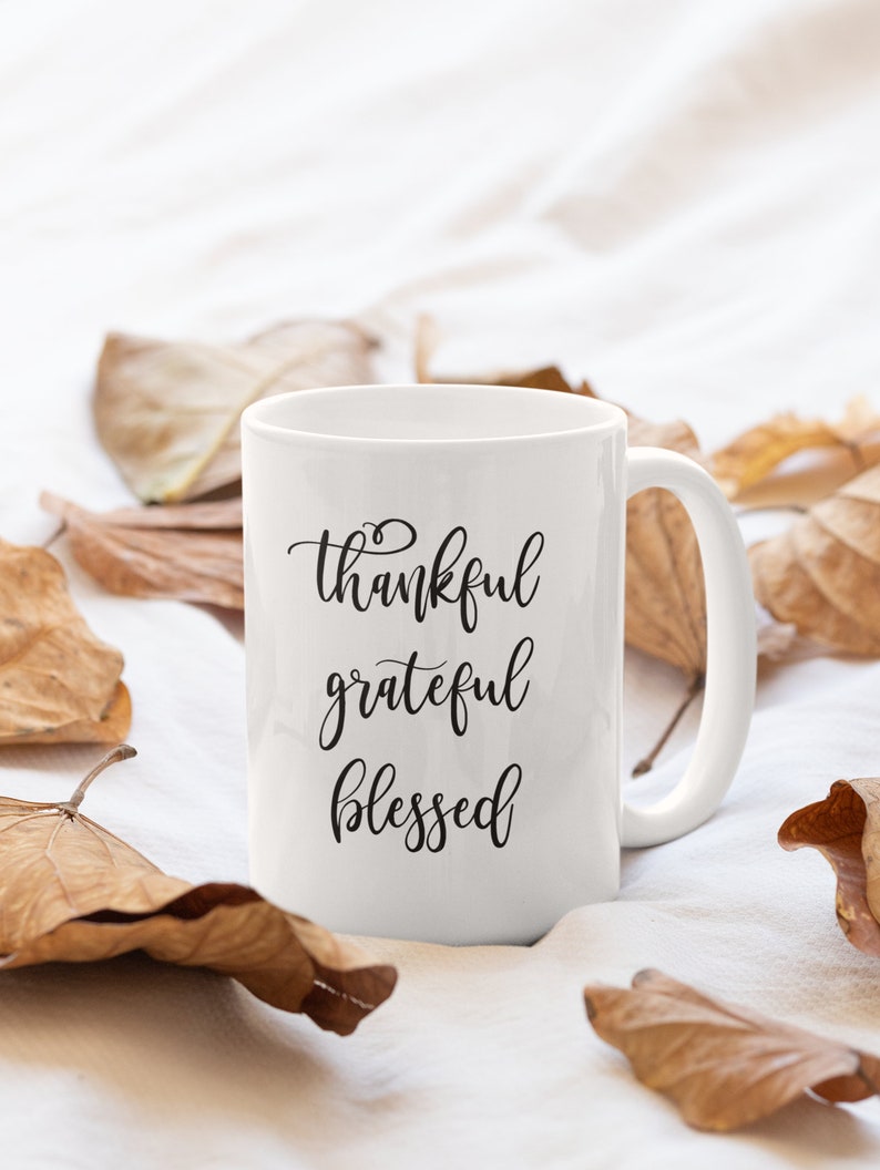 Tacksam, tacksam, välsignad, mugg, andlig mugg, inspirerande kaffemugg, meditationspresent, yogapresent, vit keramikmugg, handgjorda muggar bild 3