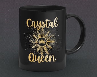 Crystal Queen Gold Lettering Black Mug, Crystal Lover Mug, Gemstone Lover Mug, Spiritual Coffee Tea Mug, Meditation Gifts, Yoga Gift Mug