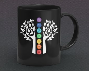 7 chakranmugg, chakragåvor, handgjord mugg med livets träd, chakranmugg med livets träd, meditationsyoga-muggpresent, andlig gåva, yogi-gåva