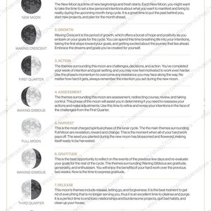 May include: A black and white illustration of the eight phases of the moon with a description of the meaning of each phase. The text includes words like "new beginnings", "growth", "action", "assessment", "harvest", "gratitude", "release", and "surrender".