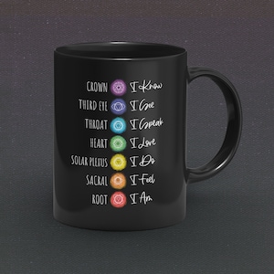 Chakra Affirmations Black Mug, 7 Chakra Mug, Spiritual Mug, Chakras Gift, Meditation Gifts, Yoga Gift Mug, Coffee Mug, Inspirational Gifts