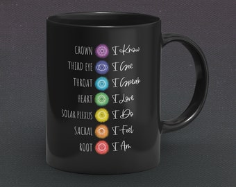 Chakra Affirmations Black Mug, 7 Chakra Mug, Spiritual Mug, Chakras Gift, Meditation Gifts, Yoga Gift Mug, Coffee Mug, Inspirational Gifts