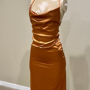 Satin dress, silky dress, burnt orange dress, orange dress, night gown, night dress, dinner night, dinner outfit, homecoming dress