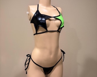 SHEGO Inspired Costume, Metallic Green & Black Vinyl Bodysuit, Rave Wear