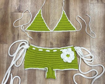 Crocheted Cheeky Shorts, Multicolored Acrylic Swimwear, Summer Outfit, Bathing Suit, Green Crochet Shorts