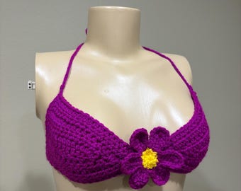 Crochet Flower Bralette, Purple Acrylic Rave Top