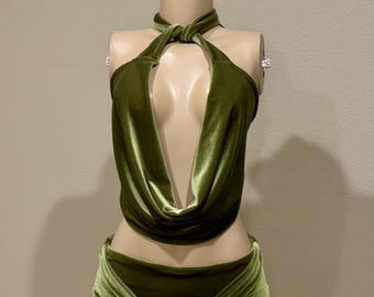 cowl neck halter top, exotic wear, Ravewear, birthday girl outfit, clubwear, party dress, stripper clothes, green velvet skirt, plunge top