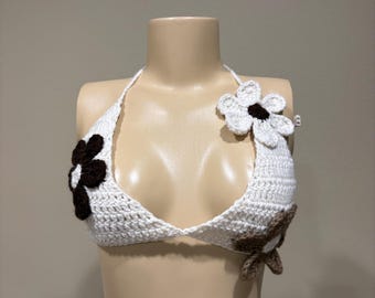 Handmade Crochet Flower Bralette, Rave Top, Summer Outfit